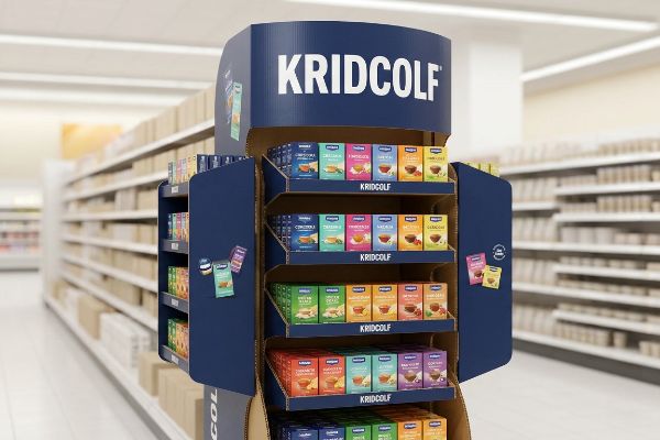 Blue cardboard Kridcolf endcap display with multi-tiered shelves of colorful product boxes in a supermarket aisle, designed for visual disruption.