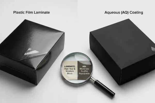 Schwarze Kästen zeigen Kunststofffolienlaminat (hohe Reißfestigkeit und Feuchtigkeitsbeständigkeit) und wässrige (AQ) Beschichtung (mittlere Abriebfestigkeit und wiederaufbereitbar), vergrößert dargestellt für Details.
