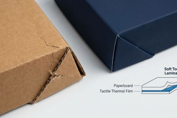Cracked brown paperboard fold next to smooth navy soft touch laminated box, showing tactile thermal film.