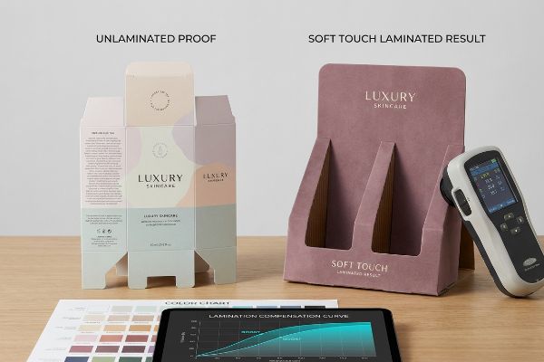 Unlaminated Luxury Skincare proof versus soft touch laminated display, with color chart and spectrophotometer.