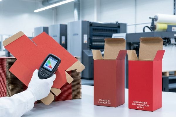 Spectrophotometer measures red box color, comparing 'Standard Lamination' and 'Engineered Compensation Curve' for print quality.
