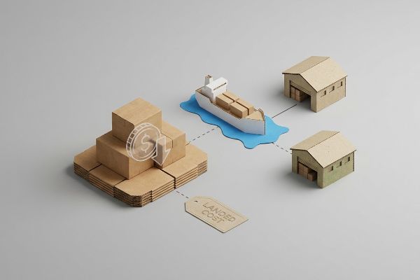 An isometric illustration depicts a shipping supply chain, boxes, a container ship, warehouses, and a