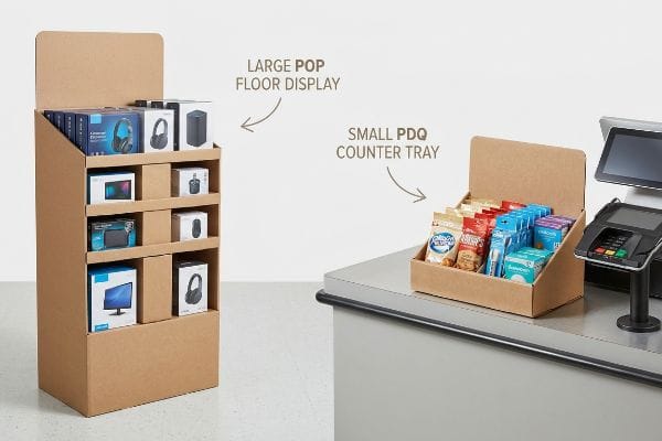 Natural brown cardboard displays, featuring a Large POP Floor Display with electronics and a Small PDQ Counter Tray with snacks.