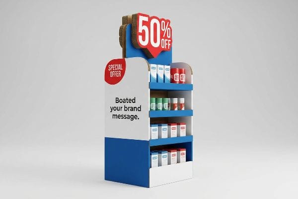Layered die-cut cardboard retail display with a 50% Off sign, Special Offer callout, and 'Boated your brand message' text, featuring blue and white shelves stocked with products.