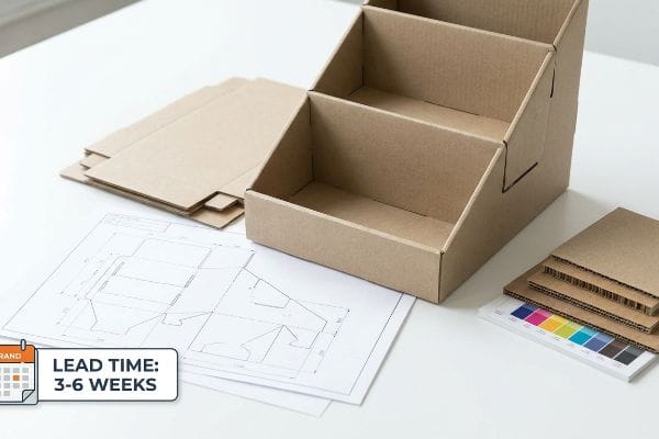 Corrugated cardboard table top display assembly with blueprints, flat sheets, and color swatches, showing a Lead Time of 3-6 Weeks.