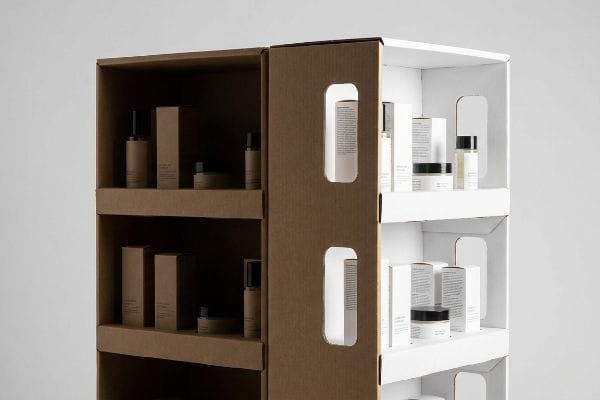 Brown and white corrugated cardboard display units showcasing premium cosmetics on multi-tiered shelves with light-reflecting side windows.