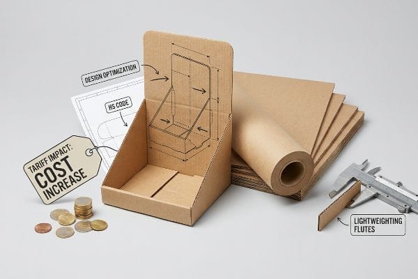 Packaging elements illustrate tariff impact, featuring a cardboard display, kraft paper, coins, caliper measuring Lightweighting Flutes, Design Optimization, HS Code, and Tariff Impact: Cost Increase.