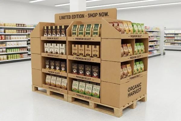 小売店には、プレミアムセレクトコーヒーとオーガニックハーベスト製品を展示する大きな段ボールパレットディスプレイがあり、 