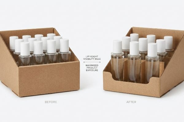 Brown cardboard display trays illustrate the 'Lip Height Visibility Rule' for Maximized Product Exposure of clear skincare bottles.