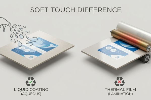 Soft Touch Difference: Liquid Coating (Aqueous) with spray and recycle symbol, versus Thermal Film (Lamination) with film roll and no recycle symbol.
