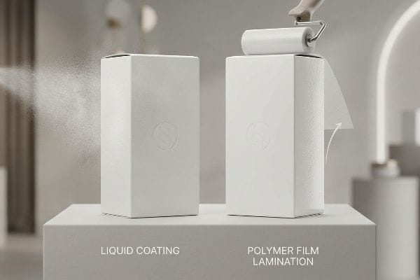 White boxes compare soft-touch liquid coating with mist and polymer film lamination peeling, illustrating packaging finishes.