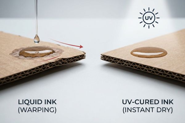 À esquerda, o papelão ondulado demonstra a deformação causada pela tinta líquida, em contraste com a secagem instantânea da tinta curada por UV, sem distorção por umidade, à direita.
