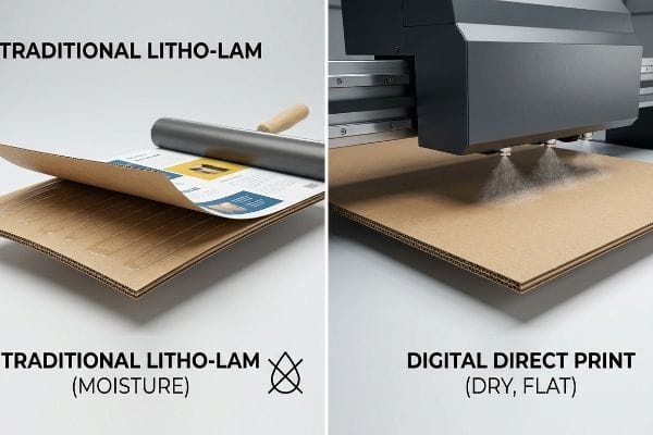 Corrugated board comparison: Traditional Litho-Lam with wet adhesive and roller, versus Digital Direct Print with direct ink spray, showing moisture contrast.