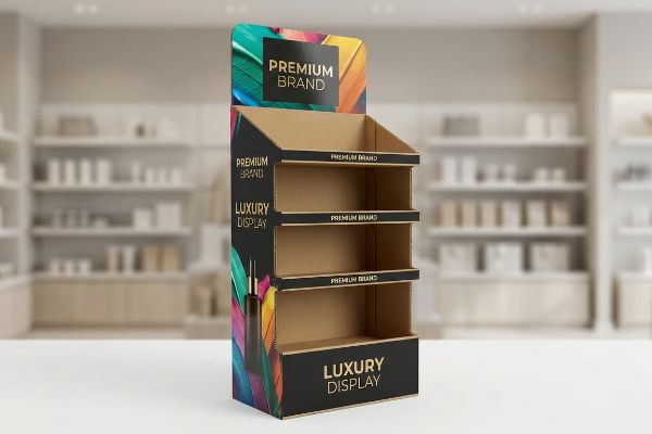 Die-cut corrugated cardboard floor display, litho-laminated with 'Premium Brand' and 'Luxury Display' graphics, featuring three empty shelves.