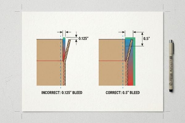 Corrugated board diagram comparing incorrect 0.125-inch bleed to correct 0.5-inch bleed for litho-lamination, preventing flashing.
