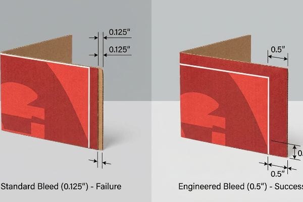 Corrugated cardboard samples illustrate 0.125-inch Standard Bleed failure with exposed raw edges versus 0.5-inch Engineered Bleed success for perfect litho-lamination.