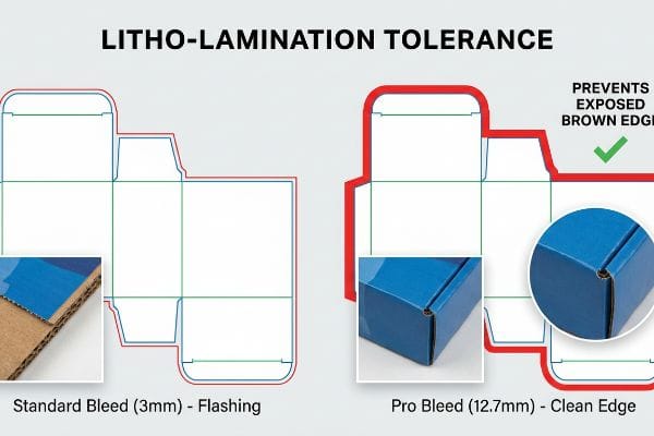 Diagram comparing litho-laminating tolerance: standard 3mm bleed causing flashing versus pro 12.7mm bleed for a clean edge, preventing exposed brown cardboard.