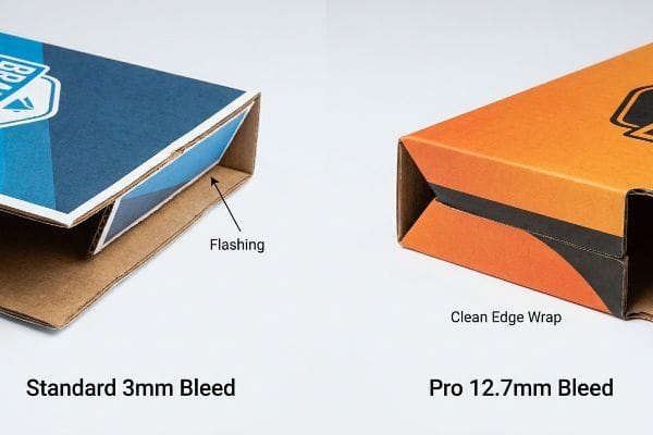 Comparison of box edges showing flashing with Standard 3mm Bleed versus a clean edge wrap with Pro 12.7mm Bleed.