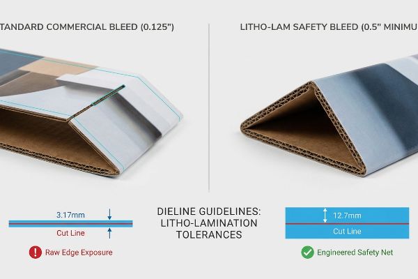 Litho-Lamination Tolerances: 0.125-inch bleed causes raw edge exposure; 0.5-inch safety bleed prevents it.