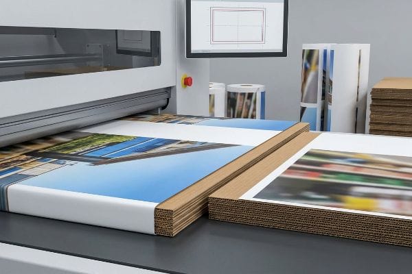 Vibrant offset-printed top-sheets are laminated onto corrugated cardboard, demonstrating the litho-lamination process.