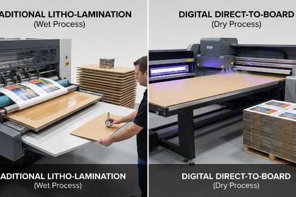 Wet adhesive on corrugated board in Traditional Litho-Lamination (Wet Process), versus Digital Direct-to-Board (Dry Process) UV printing.