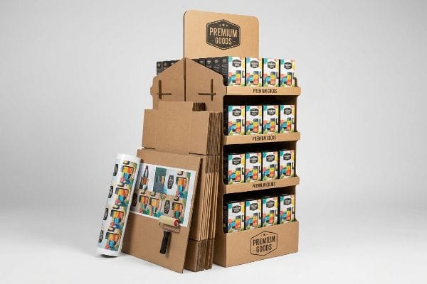 Custom corrugated retail display components, including flat sheets, a roll of litho-laminated graphics, and an assembled 'Premium Goods' floor display unit stocked with 'Premium Juice' boxes.