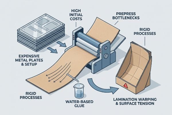 Illustrative diagram details the disadvantages of traditional litho printing, showing expensive metal plates, high initial costs, prepress bottlenecks, water-based glue application, and resulting lamination warping and surface tension in a cardboard display.