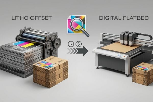 Metal plates on a Litho Offset press and a Digital Flatbed printer illustrate the comparison of printing CMYK corrugated boxes, with icons for time and money.