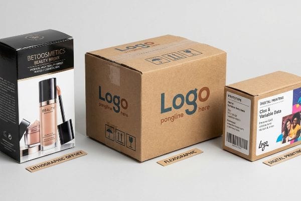 Packaging printing methods: lithographic offset cosmetics box, flexographic corrugated carton, and digital printing prototype.