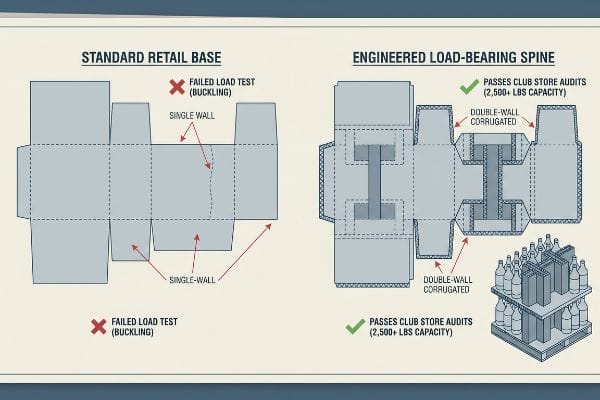 A diagram compares a single-wall Standard Retail Base failing load tests to a double-wall Engineered Load-Bearing Spine with internal I-beams, passing 2,500+ lbs club store audits.