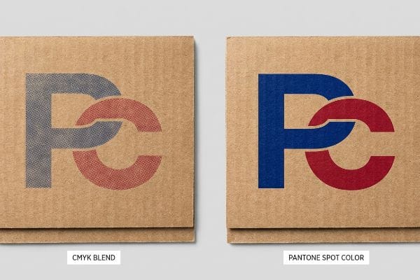 Two corrugated cardboard panels display a 'PC' logo, contrasting a grainy Cmyk Blend with a vibrant Pantone Spot Color for superior brand visibility.