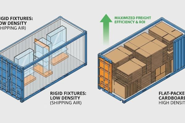 Blue shipping containers illustrate rigid fixtures' low density, shipping air, versus high-density flat-packed cardboard, maximizing freight efficiency and ROI.