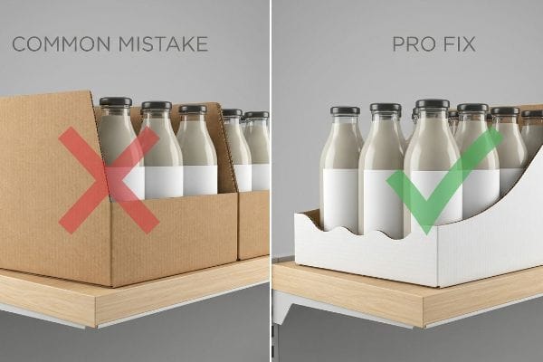 Common Mistake: Tall-lipped brown corrugated tray obscuring bottles. Pro Fix: White display tray with low wave-cut lip for 85% product visibility.