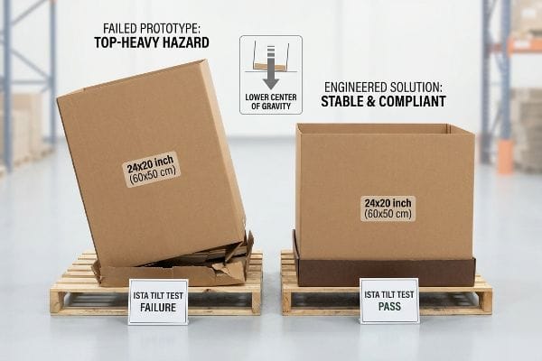 Cardboard 24x20 inch (60x50 cm) bins on pallets: one failed Ista Tilt Test (Top-Heavy Hazard), the other stable with Lower Center of Gravity.
