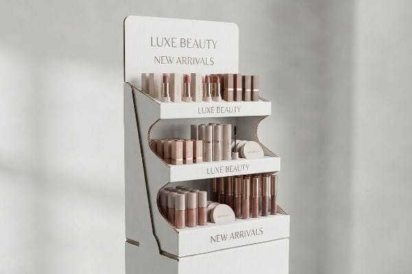 Showcasing Luxe Beauty New Arrivals, a white corrugated cardboard POP display features lipsticks, mascaras, and lip glosses in a retail setting.