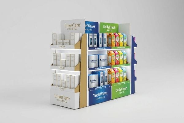 A multi-brand inline retail display showcases LuxeCare Cosmetics, TechWave Electronics, and DailyFresh FMCG products on illuminated shelves.