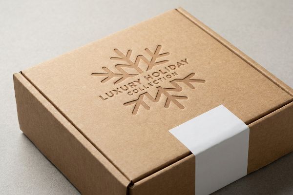 Brown corrugated cardboard box featuring a debossed snowflake and