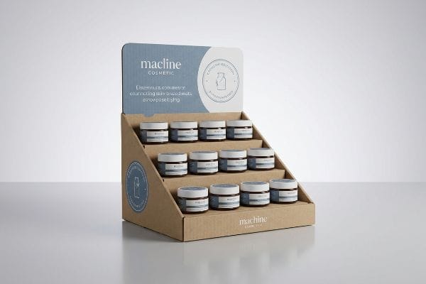 Brown kraft cardboard countertop display showcasing 12 Macline Cosmetic jars in a tiered structure, designed for impulse purchases at POS.