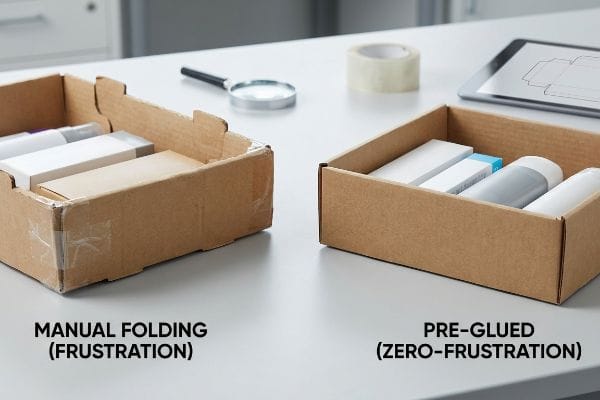 As caixas de papelão ondulado ilustram a montagem manual (frustração) com fita adesiva visível em comparação com uma montagem limpa e pré-colada (zero frustração).
