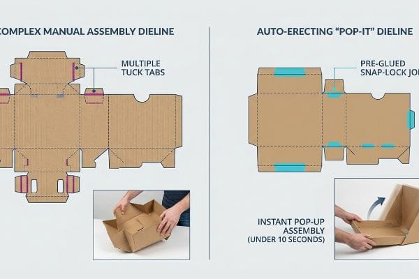 Corrugated dielines comparing Complex Manual Assembly with Multiple Tuck Tabs to Auto-Erecting Pop-It Dieline featuring Pre-Glued Snap-Lock Joints for instant setup.
