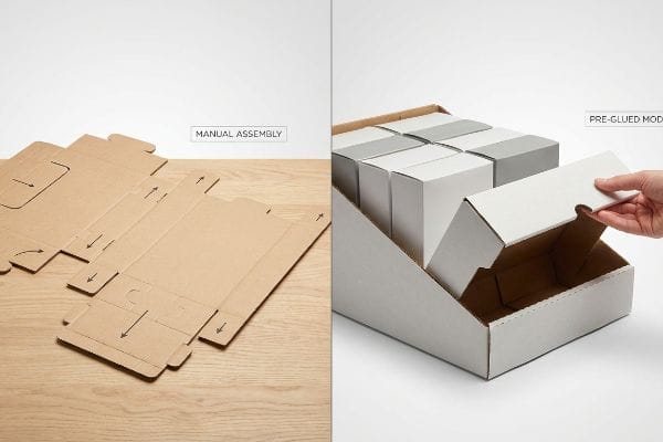 Brown corrugated flat-pack for Manual Assembly contrasts with white Pre-Glued Model PDQ display trays, ready for retail.