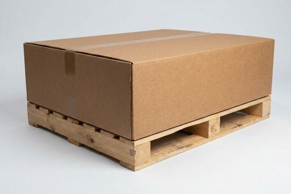 A large brown corrugated master carton securely resting on a wooden pallet, showcasing zero overhang for optimal vertical compression strength.