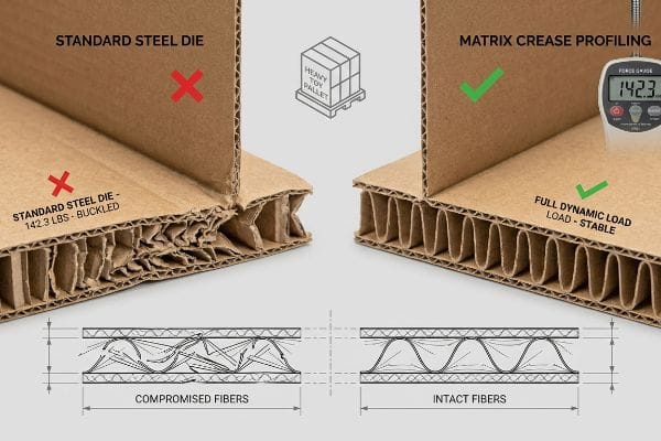 Close-up comparison of 90-degree corrugated cardboard folds: Standard Steel Die shows Compromised Fibers and buckled flutes at 142.3 Lbs, while Matrix Crease Profiling maintains Intact Fibers and stable Full Dynamic Load.