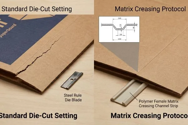 Eine rissige Rille, die durch eine Standard-Stanzeinstellung mit einem Stahlstanzmesser entstanden ist, wird einer sauberen Rille gegenübergestellt, die durch ein Matrix-Rillprotokoll mit einem Polymer-Matrix-Rillkanalstreifen (weiblich) entstanden ist.