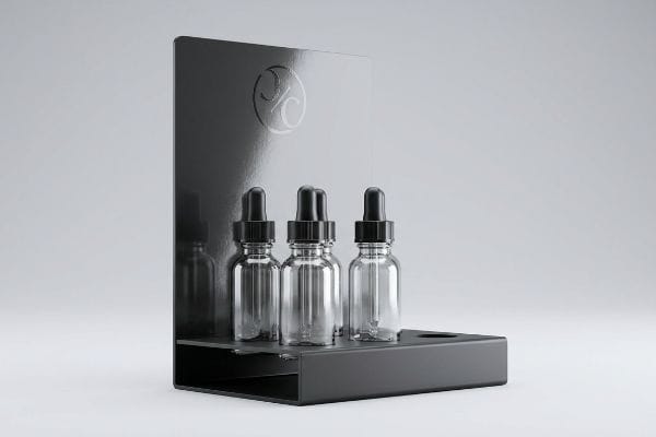 Three clear glass dropper bottles with black caps on a matte black secondary display stand, featuring a vertical branding panel with an embossed logo.
