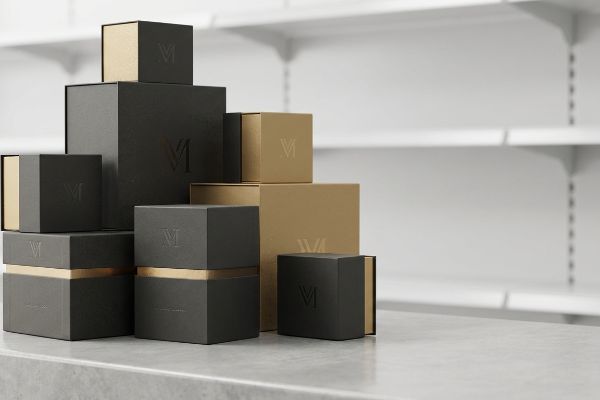 Matte black and gold luxury packaging boxes, each with a subtle 'V' logo, arranged on a counter for visual merchandising.