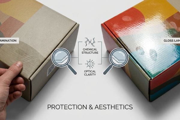 Comparing packaging boxes: a hand holds a Matte Lamination box, beside a Gloss Lamination box, illustrating Chemical Structure and Optical Clarity for Protection & Aesthetics.
