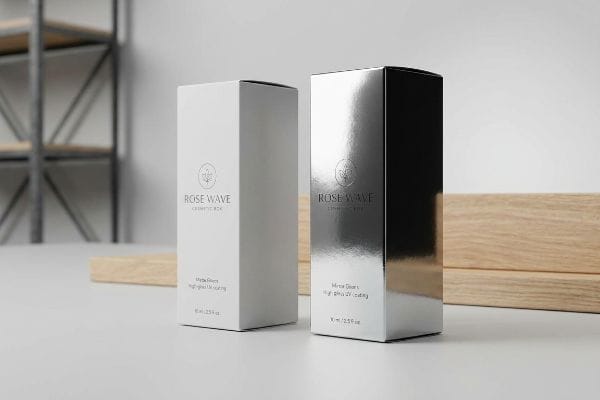 Side-by-side Rose Wave Cosmetic Boxes, one with Matte Gloss Highlighted UV Coating and the other Mirror Gloss High-gloss UV Coating, 60 ml.