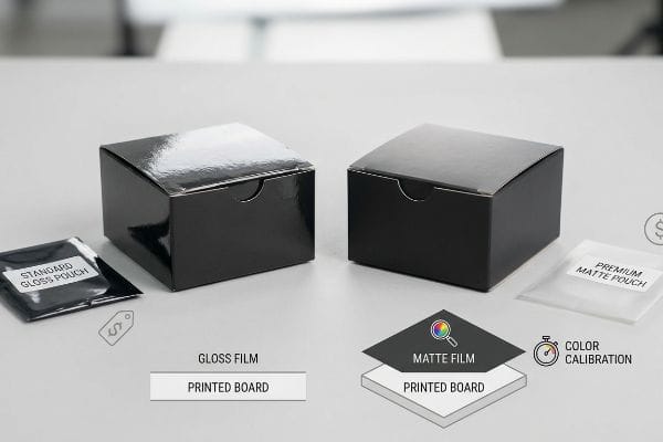 Glossy Film box with Standard Gloss Pouch contrasts Matte Film box with Premium Matte Pouch, showing Color Calibration for Printed Board.