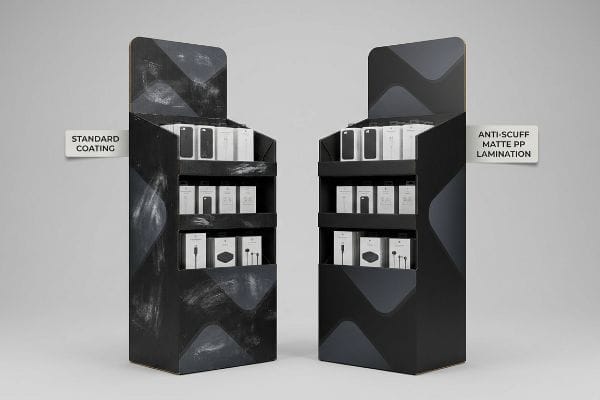 Two black iPhone accessory displays, one with scuffed Standard Coating, the other pristine with Anti-Scuff Matte PP Lamination.
